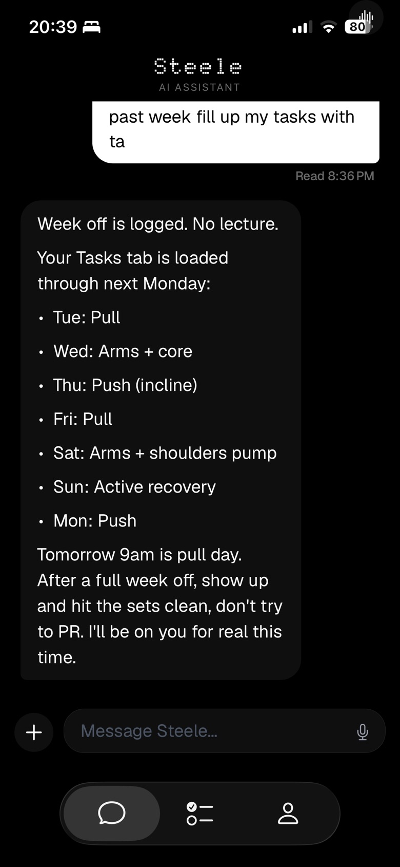 Steele iOS app, chat: planning a week of workouts into the Tasks tab.