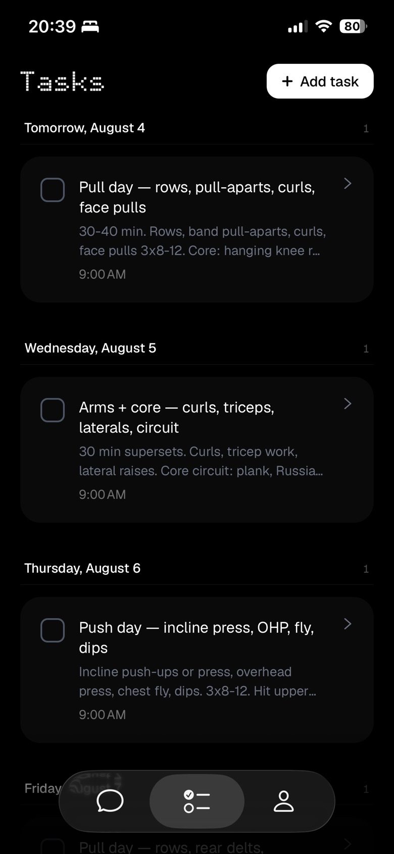 Steele iOS app, Tasks: a dated list of planned workouts.